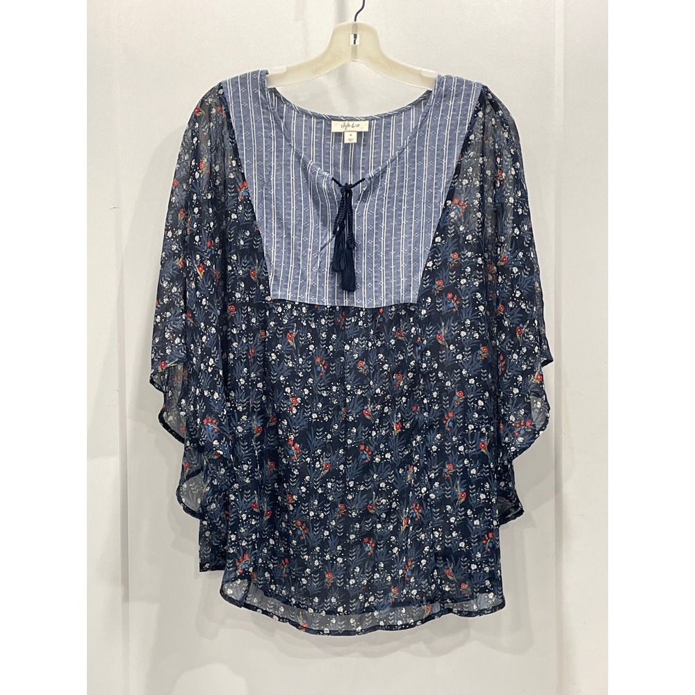 Style & Co Womens Floral Top Sheer Boho Cottagecore Flowy Blue Size Medium
